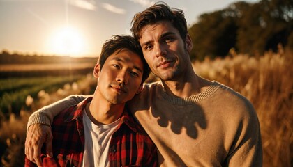 Multi-ethnic gay couple in an intimate outdoor pose, embracing diversity