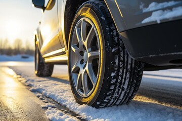 winter traction device for car wheel on icy roads during sunny weather. Generative AI