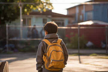 Youngster with a backpack heading forward.
