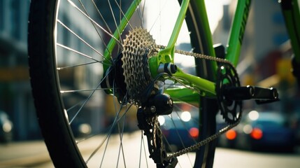 Closeup of a bicycle wheel, adorned with a vibrant green chain and gear, sitting locked to a bike rack on a crowded street corner. - Powered by Adobe