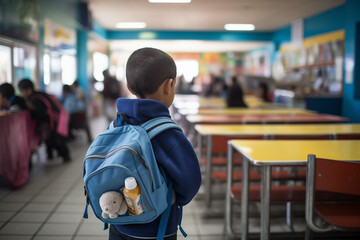 View from behind of a boy with a backpack walking. - obrazy, fototapety, plakaty