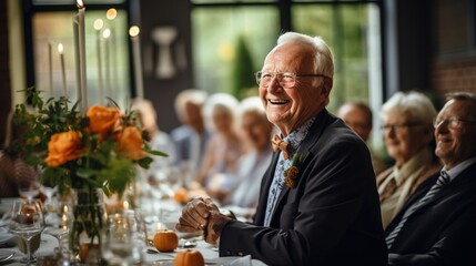 Happy elderly people having dinner together