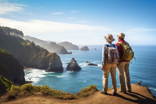 An elderly couple is standing on a cliff and looking at the ocean