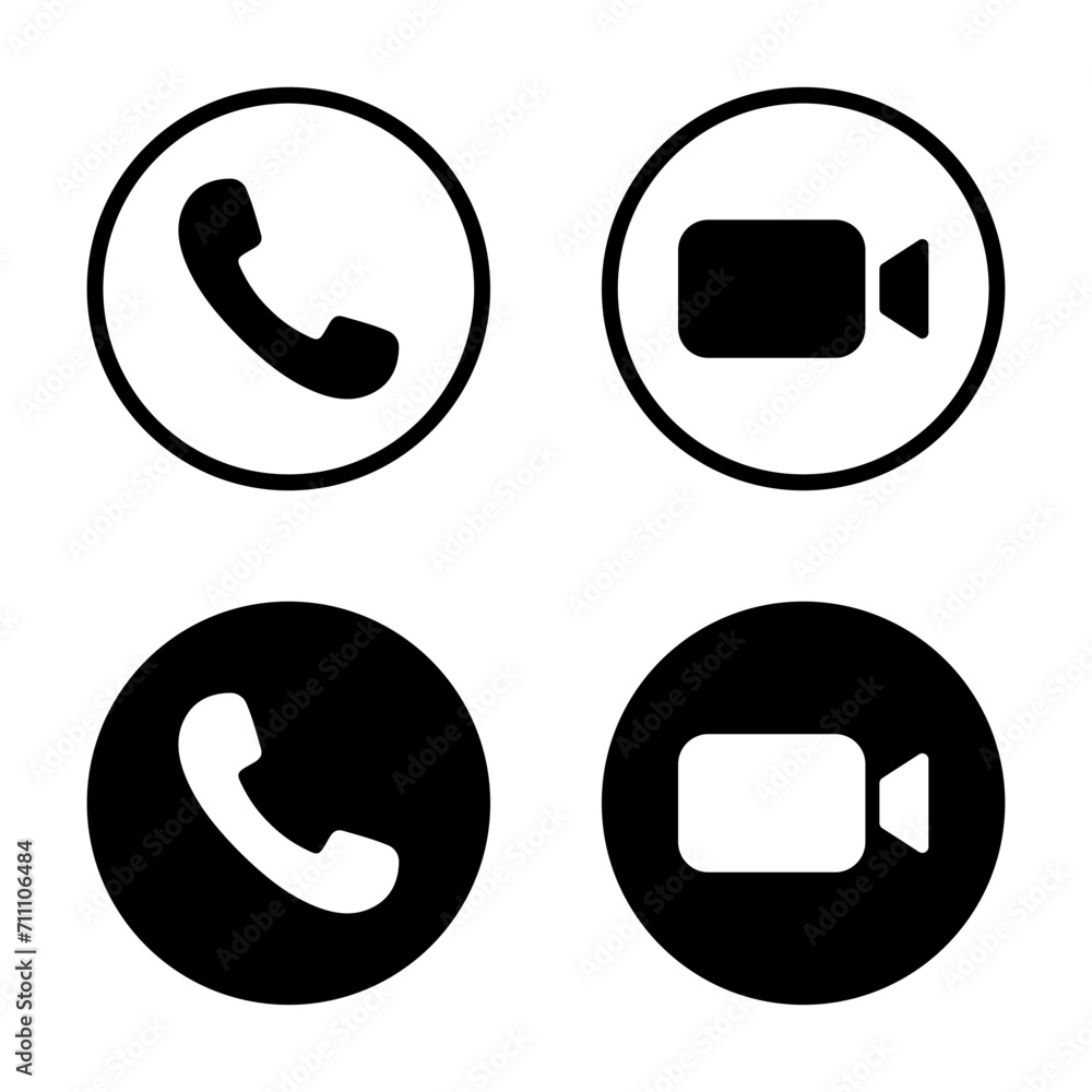 Poster video call icon on black circle. handset and camera button vector