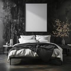 Simplistic monochrome bedroom with a black and white bed, minimalist art, and a blank mockup frame on a charcoal wall - 16:9 --v 6.0 - Image #3 @ZeeshanQazi