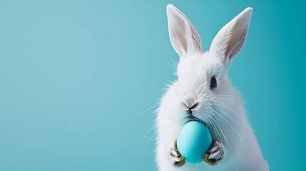 White rabbit holding a blue Easter egg against a turquoise background.