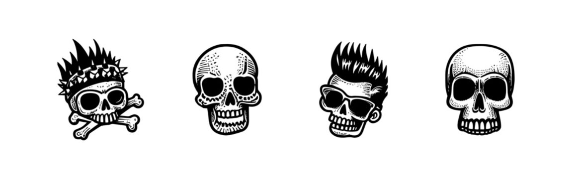 Vector sketch skull black vintage icon. Grunge skull tattoo face bandana barber gangster skeleton logo