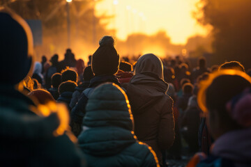 A crowd of refugees crosses the border. Background with selective focus and copy space - obrazy, fototapety, plakaty