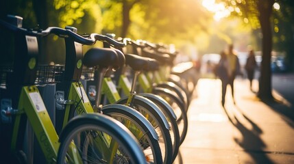 Closeup of a bikesharing station, offering an ecofriendly alternative to traditional modes of transportation in the city. - obrazy, fototapety, plakaty
