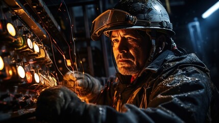 Industrial worker wearing protective gear and hardhat working on electrical panel