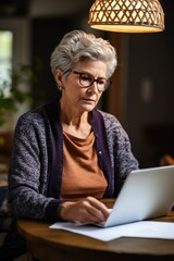 A thoughtful woman wearing glasses uses a laptop