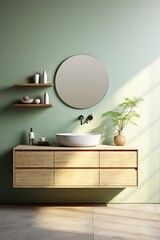 Bathroom interior with round mirror and wooden vanity