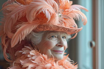 An elderly woman smiles in an elegant and glamorous dress with a hat and a peach-colored feather coat at a social gathering, tea event, or high society event