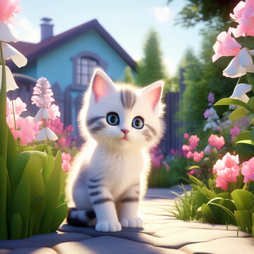 Cute kitten in home garden 3d rendered