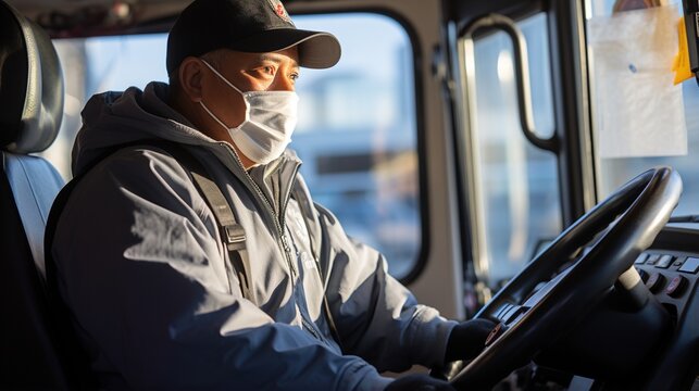 Asian Man Wearing A Mask Drives A Bus