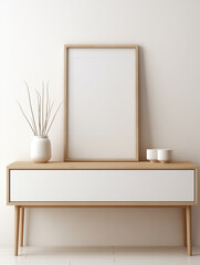 Mockup poster above minimalist drawer against white wall