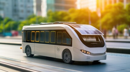 Closeup of a selfdriving shuttle bus with solar panels on its roof.