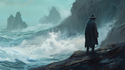 A person on the edge of the sea with waves and fog.