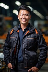 Fototapeta premium Portrait of a happy Asian man in workwear