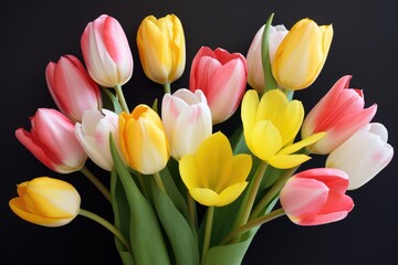 Bright and soft tulips of various shades harmoniously blend on a light monochrome background