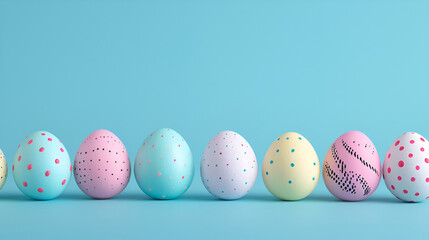 Fototapeta premium A neat row of pastel-colored Easter eggs with various polka dot patterns on a light blue background. Copy space