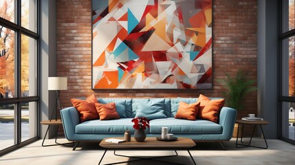 Blue sofa in a modern living room with a large colorful painting on the brick wall