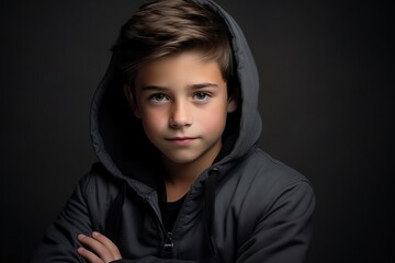 A portrait of a boy in a hooded sweatshirt over dark background. - obrazy, fototapety, plakaty