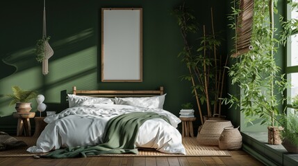 Zen monastery bedroom with a minimalistic Asian bed, serene landscapes, and a blank mockup frame on...
