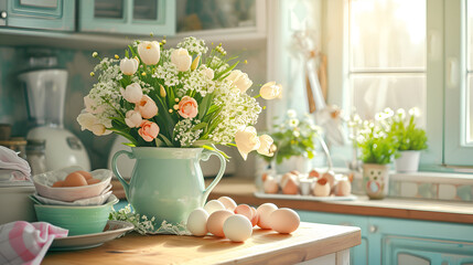 Bright kitchen filled with sunlight, showcasing a pitcher full of fresh tulips and eggs ready for Easter.