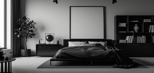: A minimalist bedroom in monochrome, featuring a sleek black bed, a simple black bookshelf, and a large blank mockup frame on a matte wall