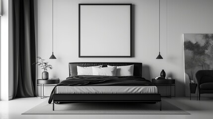 : A minimalist Contemporary bedroom featuring a monochrome black bed with a high-gloss finish, sleek metallic side tables, and a large blank mockup frame on a smooth white wall
