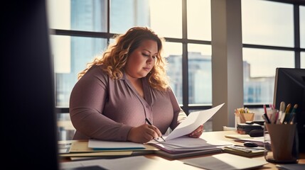 A plus-size woman working in an office - obrazy, fototapety, plakaty