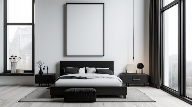 : A minimalist Contemporary bedroom in a tiny home, with a monochrome black bed, space-saving black storage solutions, and a blank mockup frame on a wall with clever, multifunctional design features