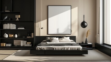 : A modern minimalist Contemporary bedroom with a black platform bed, minimalistic black shelving, and a large blank frame, all against a backdrop of soft beige walls