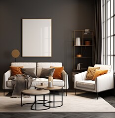 Modern living room interior with white sofa, coffee table, rug, and bookshelf