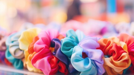Closeup of a set of colorful hair scrunchies, a crucial accessory for the teenagers matching outfits for their dance challenge.
