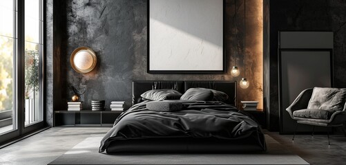: A sophisticated minimalist bedroom featuring a monochrome black bed, a sleek black magazine rack, and a blank mockup frame on a textured wall