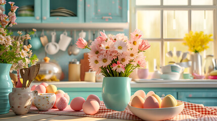 a vibrant kitchen scene with a bouquet of pink daisies in a teal vase and pastel-colored eggs on a gingham cloth, capturing the essence of a cheerful spring morning. - obrazy, fototapety, plakaty