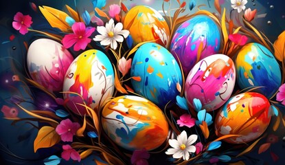 Fototapeta na wymiar Bright Easter eggs with floral ornament on dark background with flowers
