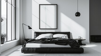 : Inside a modern minimalist bedroom, a monochrome black bed 