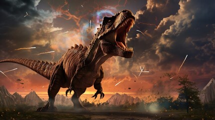 Prehistoric Dinosaur Roars In Prehistoric Landscape - obrazy, fototapety, plakaty