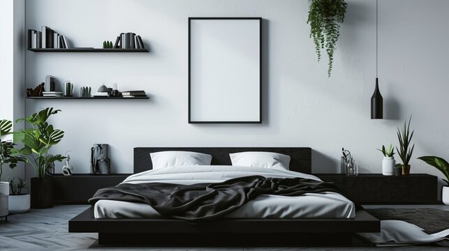 : Minimalist bedroom dominated by a monochrome black bed with a low profile, sleek black shelves against a white wall, and a blank mockup frame above. Small potted plants add a touch of green.