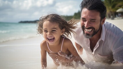 Fototapeta premium Father and daughter playing in the water