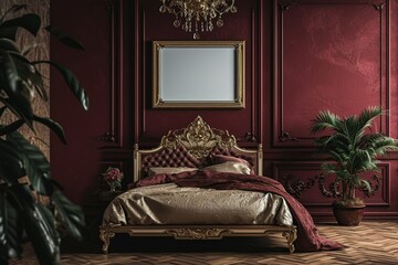 A lavish bedroom with a grand bed, accompanied by a blank mockup frame on a rich maroon wall.