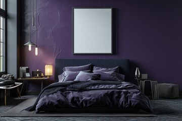 A modern bedroom, showcasing a stylish bed and a blank mockup frame on a deep purple wall.