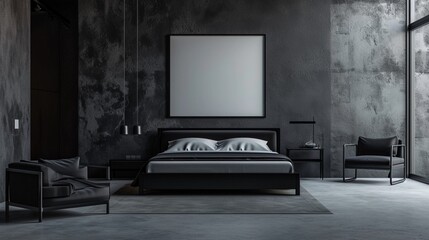 : A minimalist bedroom with a minimalist approach, where a stark black bed, ultra-simplistic black furniture, and a blank frame are set against a purely minimalist wall