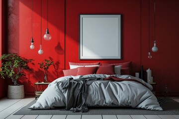 A trendy bedroom with a stylish bed and a blank mockup frame on an intense red wall.
