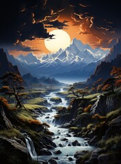 Fantasy landscape with mountains, river and trees