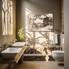 Bathroom with a large painting of white flowers
