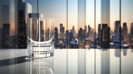 solitary glass on a table with cityscape background - obrazy, fototapety, plakaty